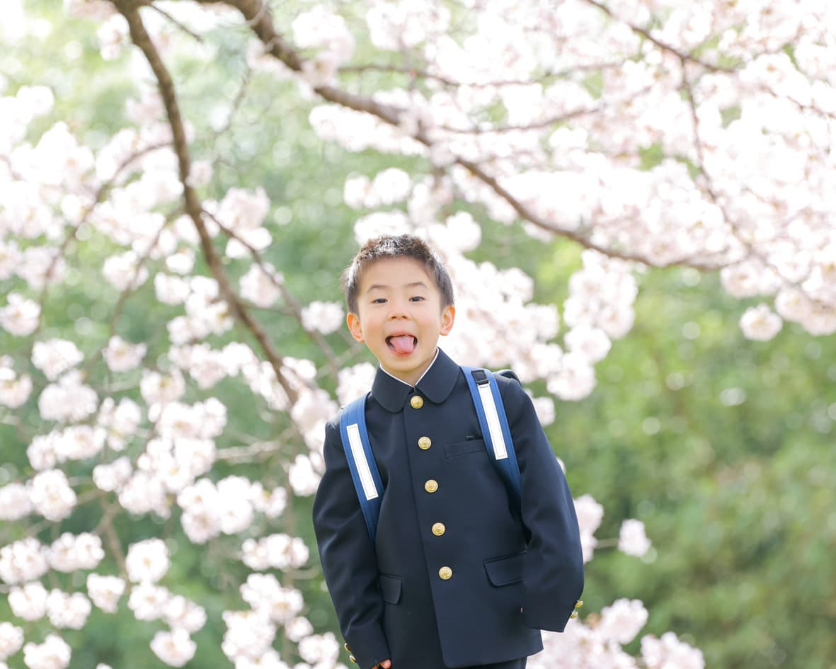 越前市の桜の下で撮った入学記念写真